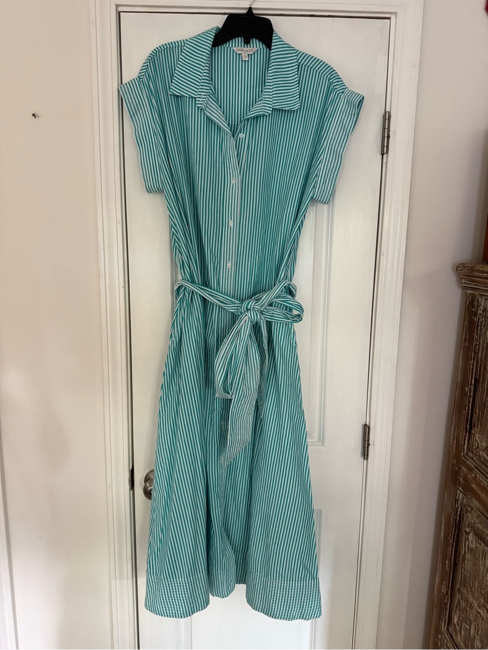 crown & ivy Turquoise and White Striped Midi Shirt Dress